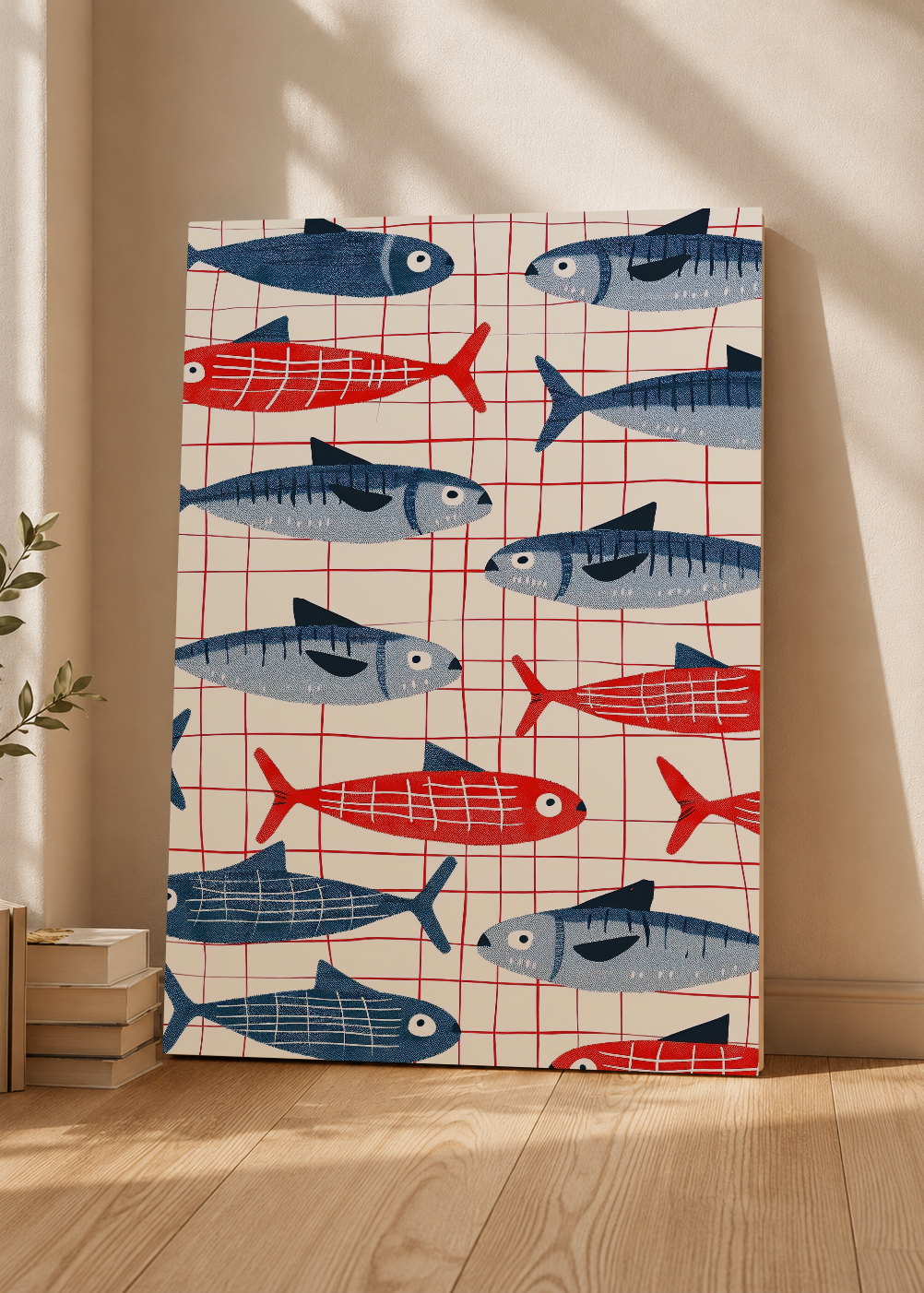 Cuadro Decorativo Mural Sin Marco 5mm - Trendy, Sardinas Patrón Rojo Azul