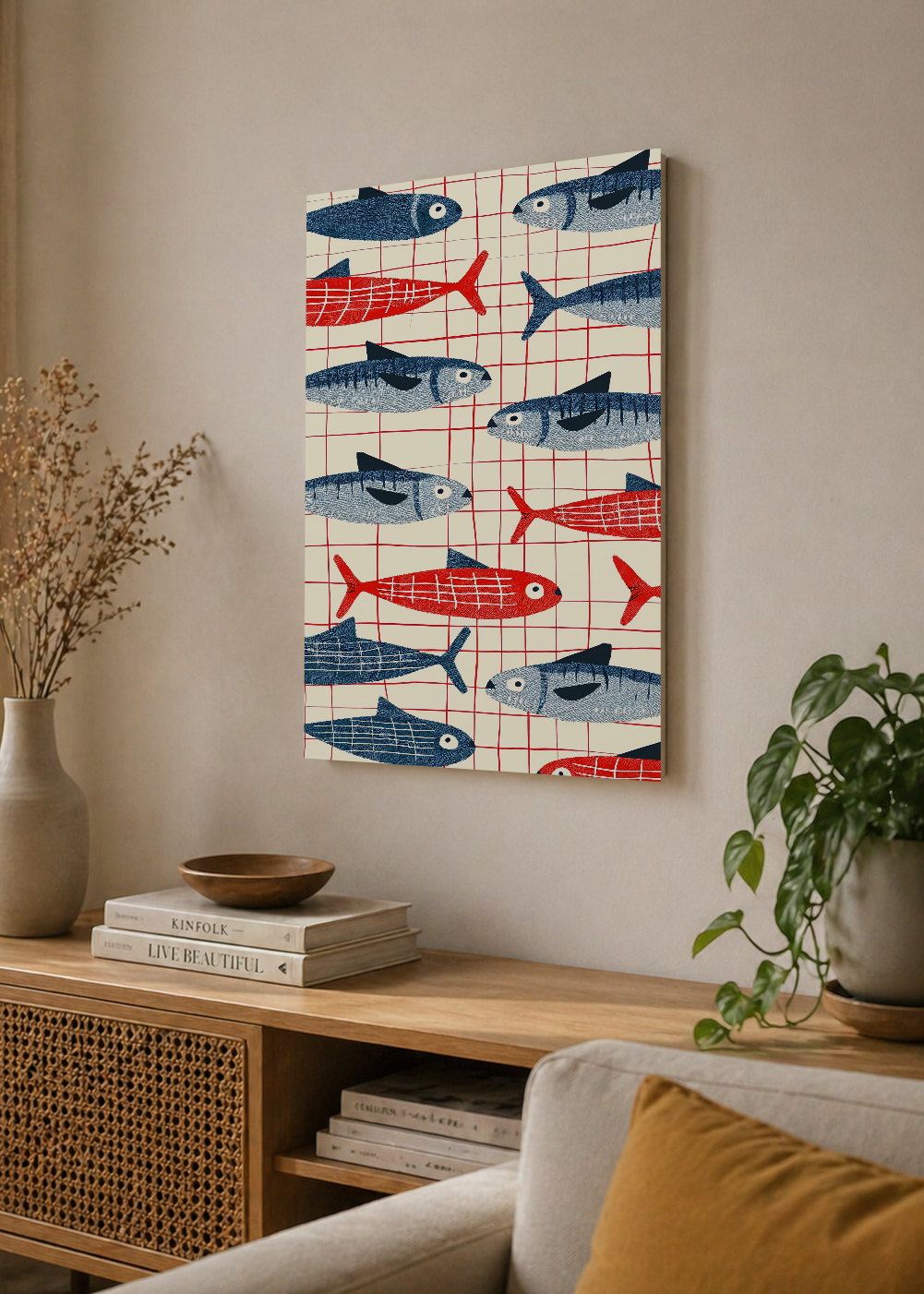 Cuadro Decorativo Mural Sin Marco 5mm - Trendy, Sardinas Patrón Rojo Azul