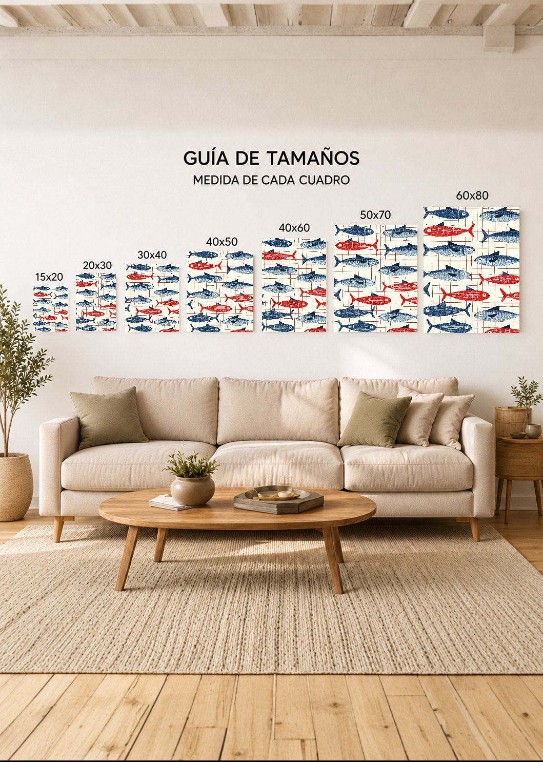 Cuadro Decorativo Mural Sin Marco 5mm - Trendy, Sardinas Patrón Rojo Azul