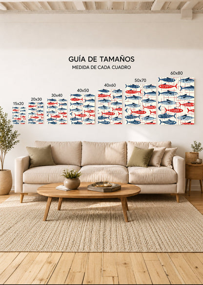 Cuadro Decorativo Mural Sin Marco 5mm - Trendy, Sardinas Patrón Rojo Azul