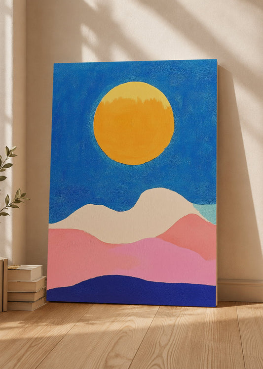 Cuadro Decorativo Mural Sin Marco 5mm - Trendy, Sol Amarillo Montañas Azul