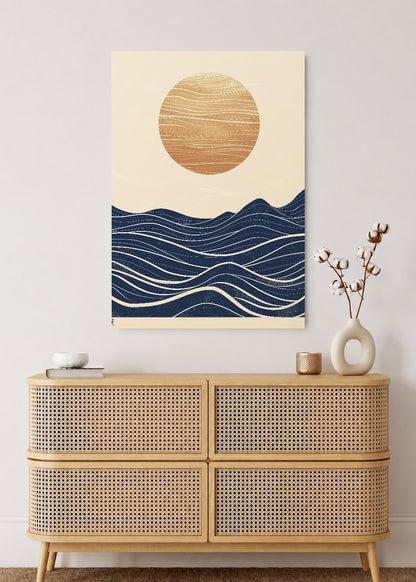 Cuadro Decorativo Mural Sin Marco 5mm - Trendy, Sol Dorado Olas Azul Noche