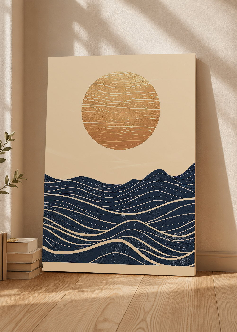 Cuadro Decorativo Mural Sin Marco 5mm - Trendy, Sol Dorado Olas Azul Noche