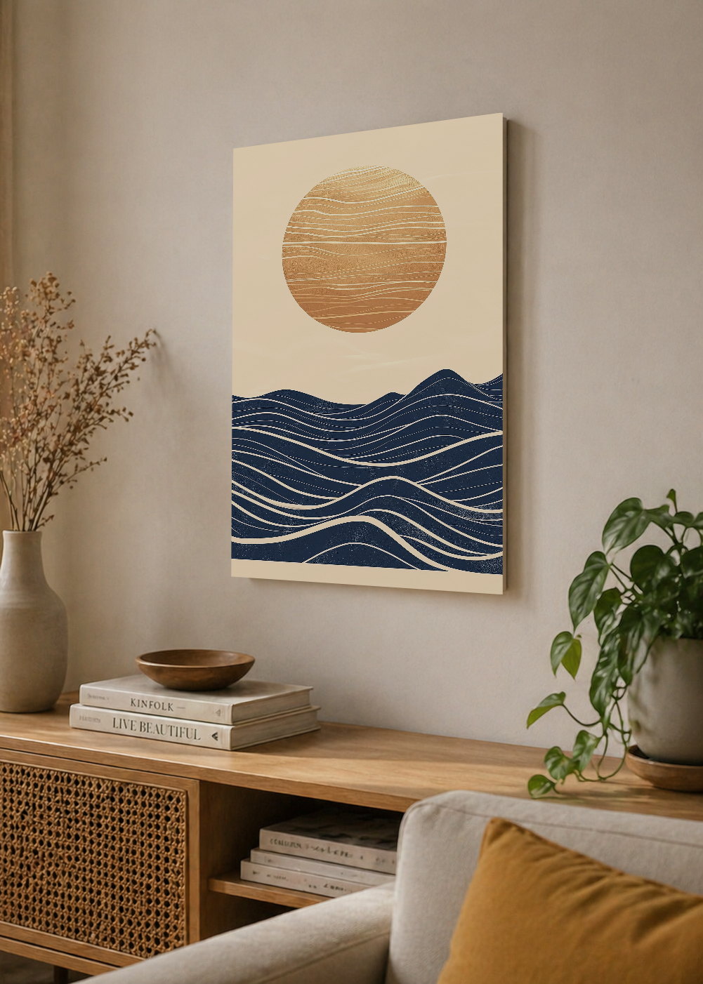 Cuadro Decorativo Mural Sin Marco 5mm - Trendy, Sol Dorado Olas Azul Noche