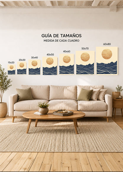 Cuadro Decorativo Mural Sin Marco 5mm - Trendy, Sol Dorado Olas Azul Noche