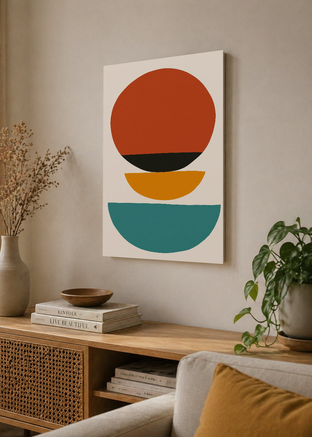 Cuadro Decorativo Mural Sin Marco 5mm - Trendy, Sol Rojo Semicirculos Turquesa