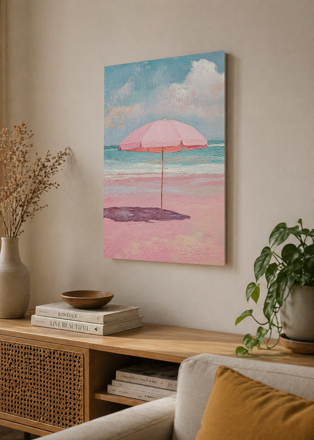 Cuadro Decorativo Mural Sin Marco 5mm - Trendy, Sombrilla Rosa Playa Pastel