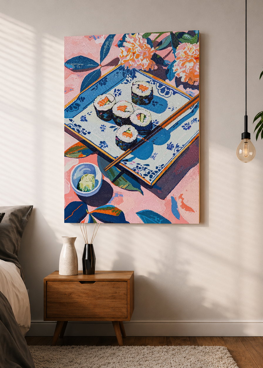 Cuadro Decorativo Mural Sin Marco 5mm - Trendy, Sushi Bandeja Azul Flores
