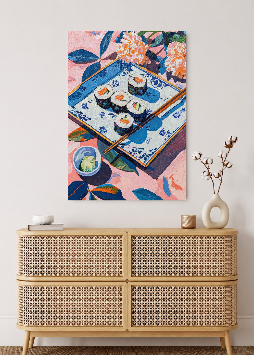Cuadro Decorativo Mural Sin Marco 5mm - Trendy, Sushi Bandeja Azul Flores