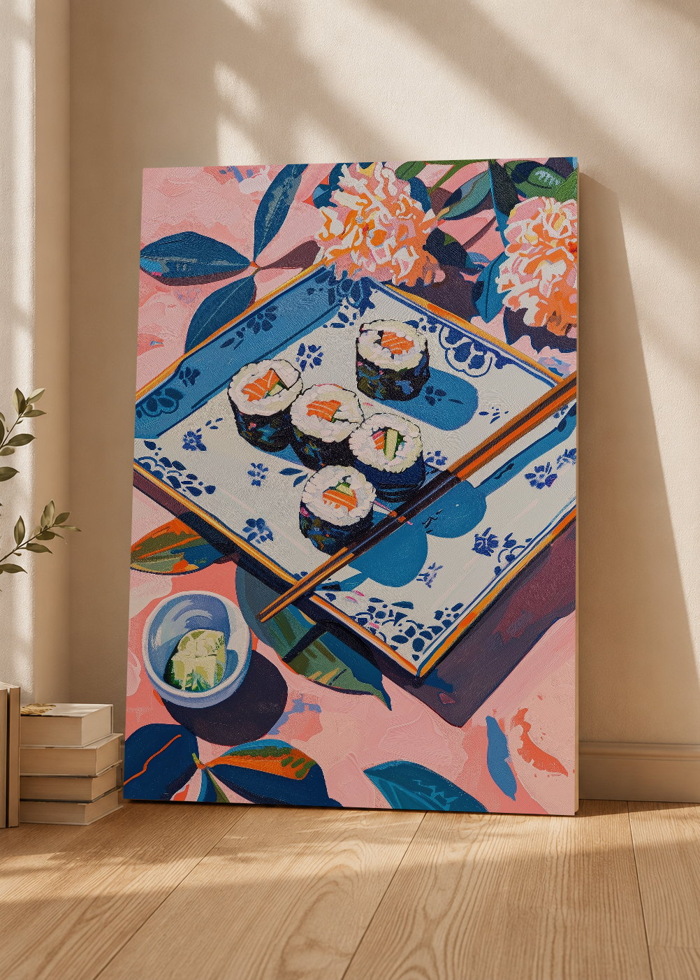 Cuadro Decorativo Mural Sin Marco 5mm - Trendy, Sushi Bandeja Azul Flores