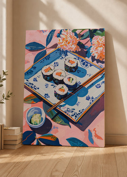 Cuadro Decorativo Mural Sin Marco 5mm - Trendy, Sushi Bandeja Azul Flores