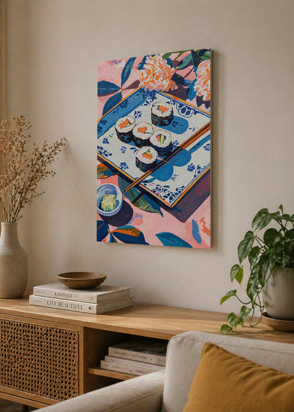 Cuadro Decorativo Mural Sin Marco 5mm - Trendy, Sushi Bandeja Azul Flores
