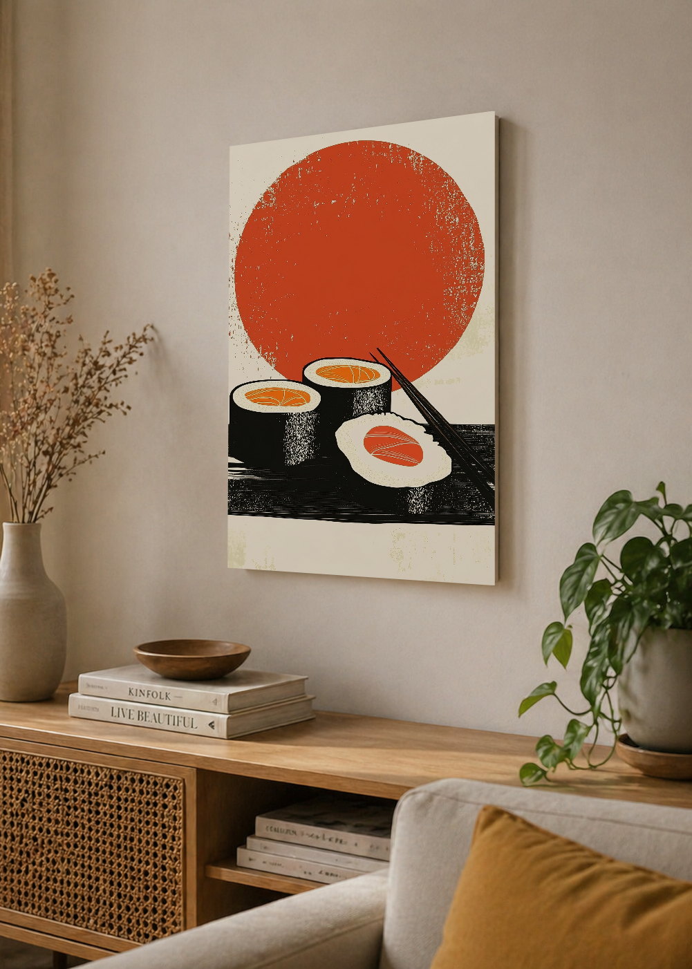 Cuadro Decorativo Mural Sin Marco 5mm - Trendy, Sushi Sol Rojo Minimal