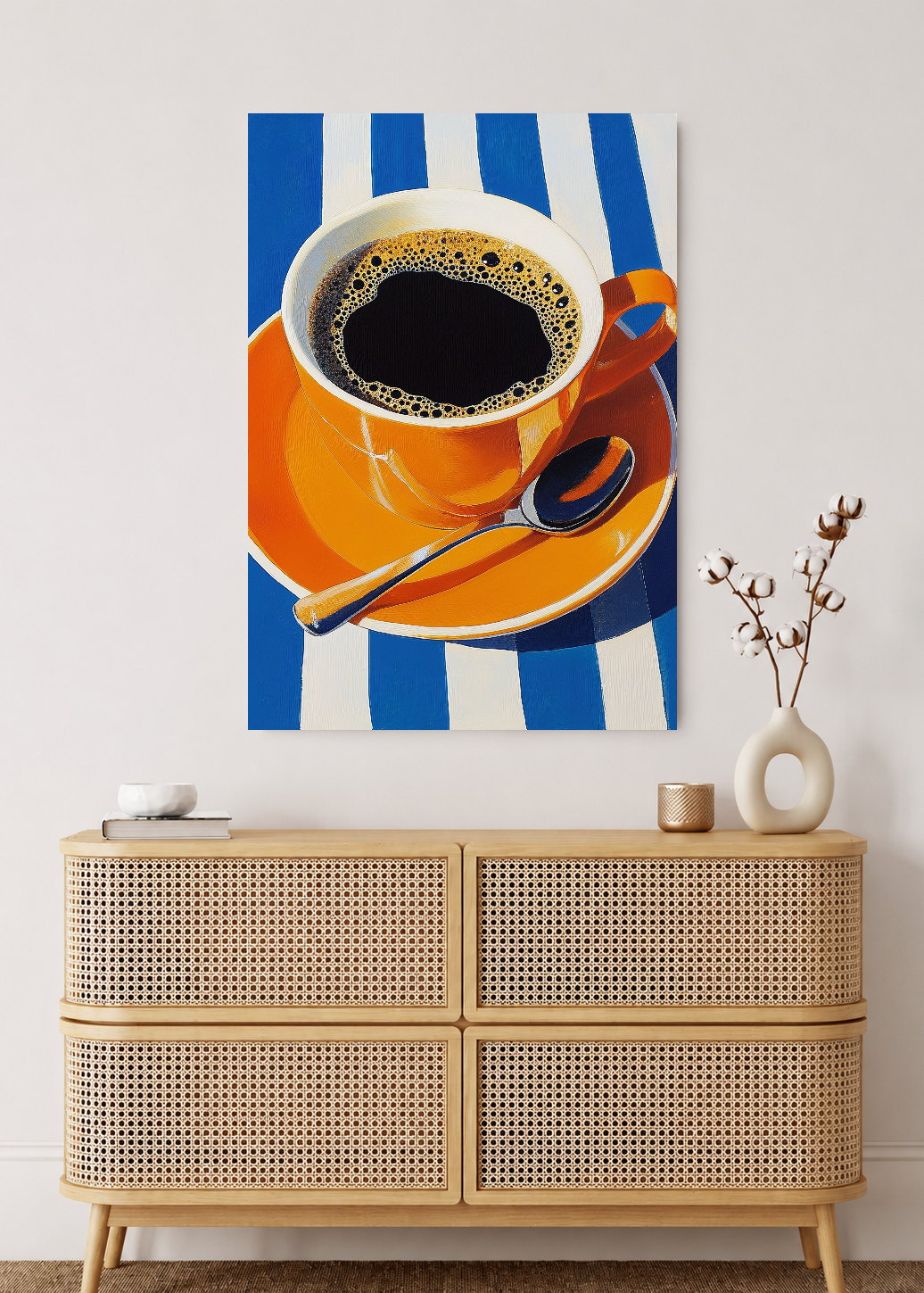 Cuadro Decorativo Mural Sin Marco 5mm - Trendy, Taza Café Naranja Rayas Azul