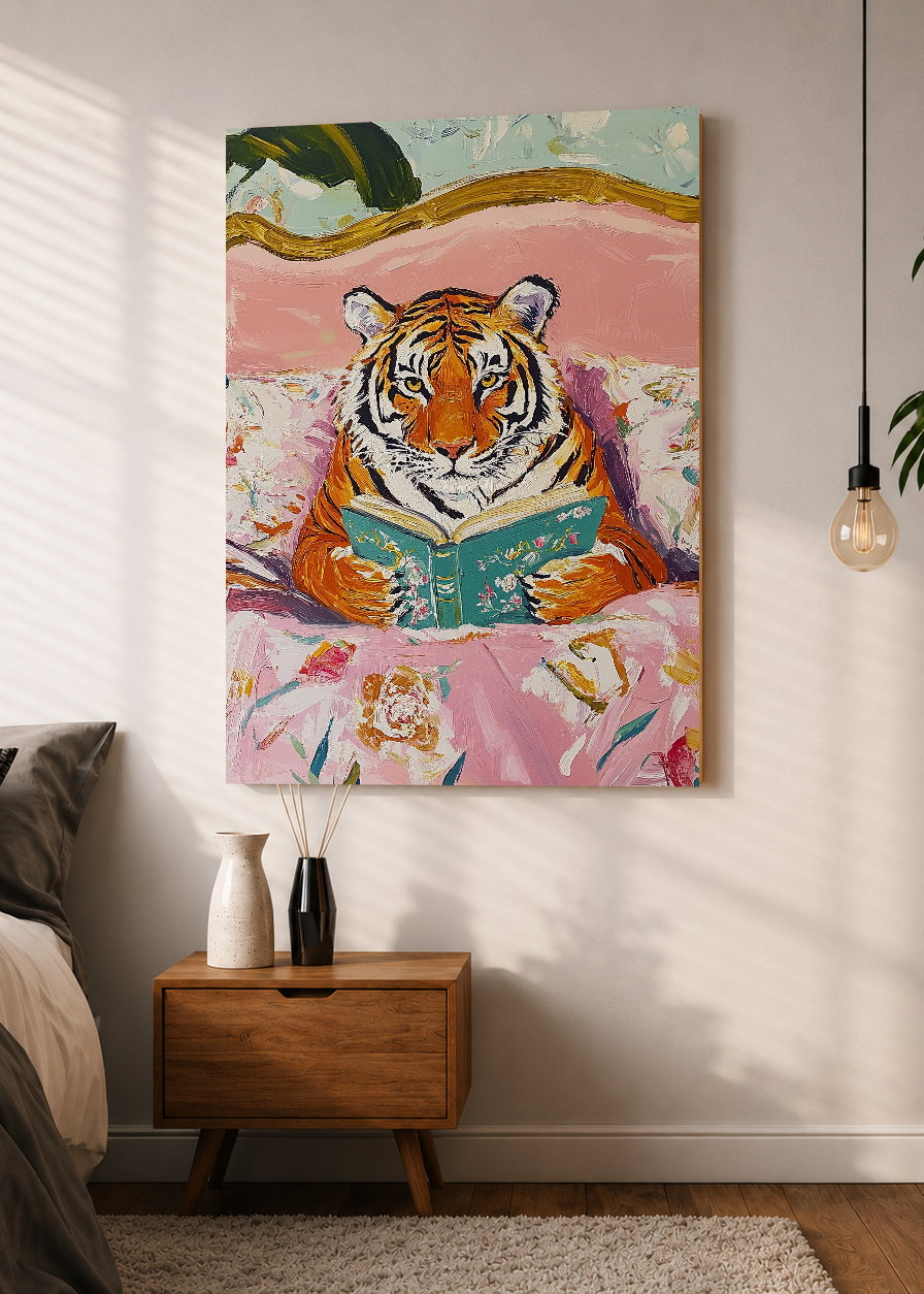 Cuadro Decorativo Mural Sin Marco 5mm - Trendy, Tigre Leyendo Cama Floral