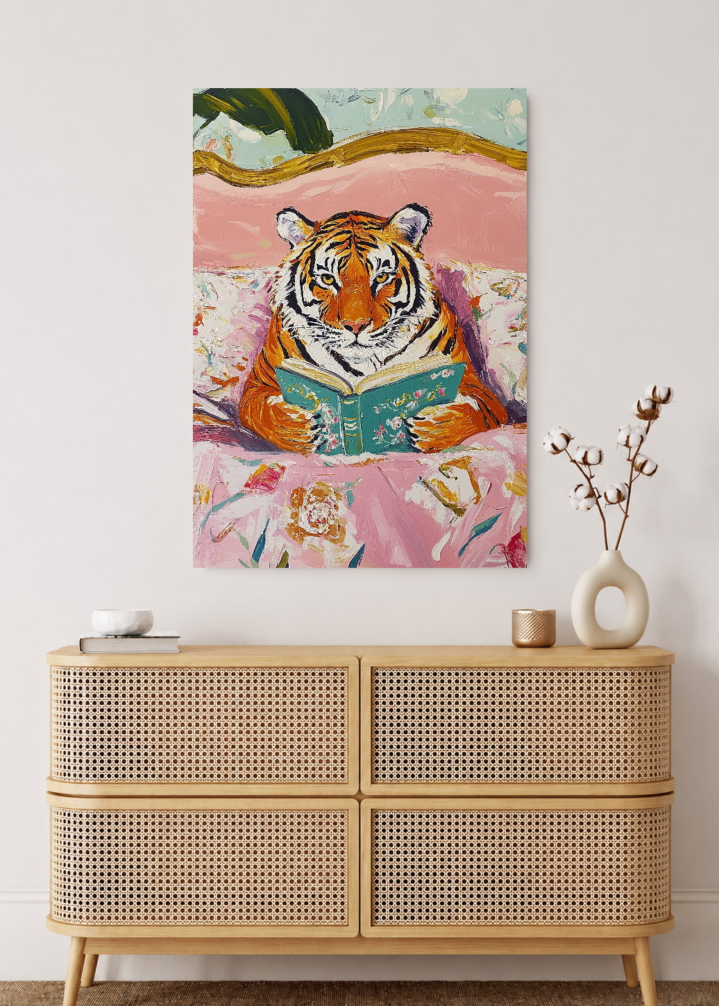 Cuadro Decorativo Mural Sin Marco 5mm - Trendy, Tigre Leyendo Cama Floral