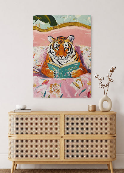 Cuadro Decorativo Mural Sin Marco 5mm - Trendy, Tigre Leyendo Cama Floral