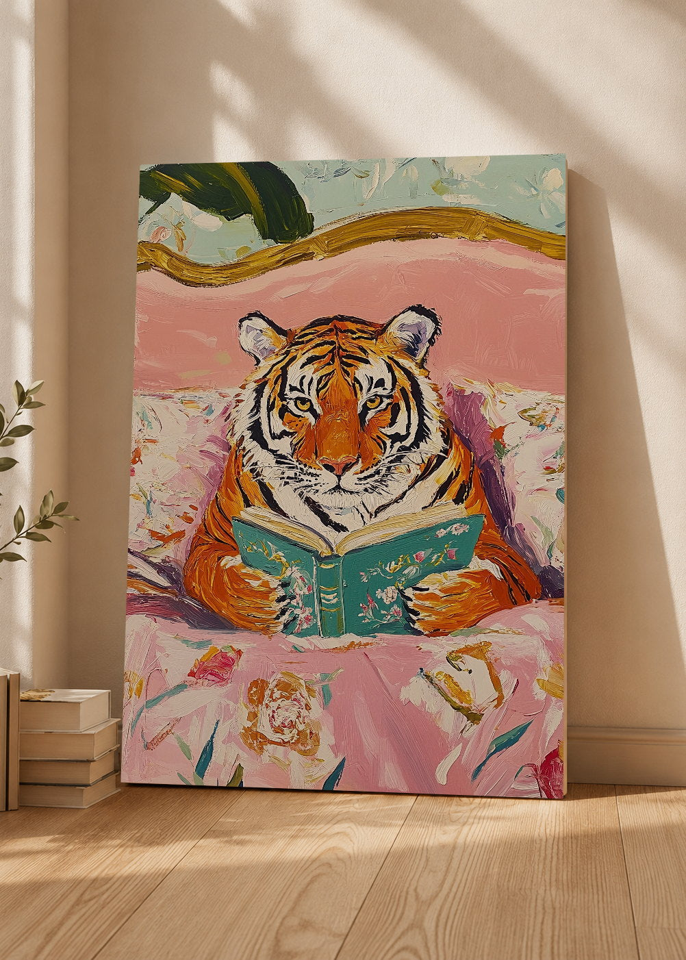 Cuadro Decorativo Mural Sin Marco 5mm - Trendy, Tigre Leyendo Cama Floral