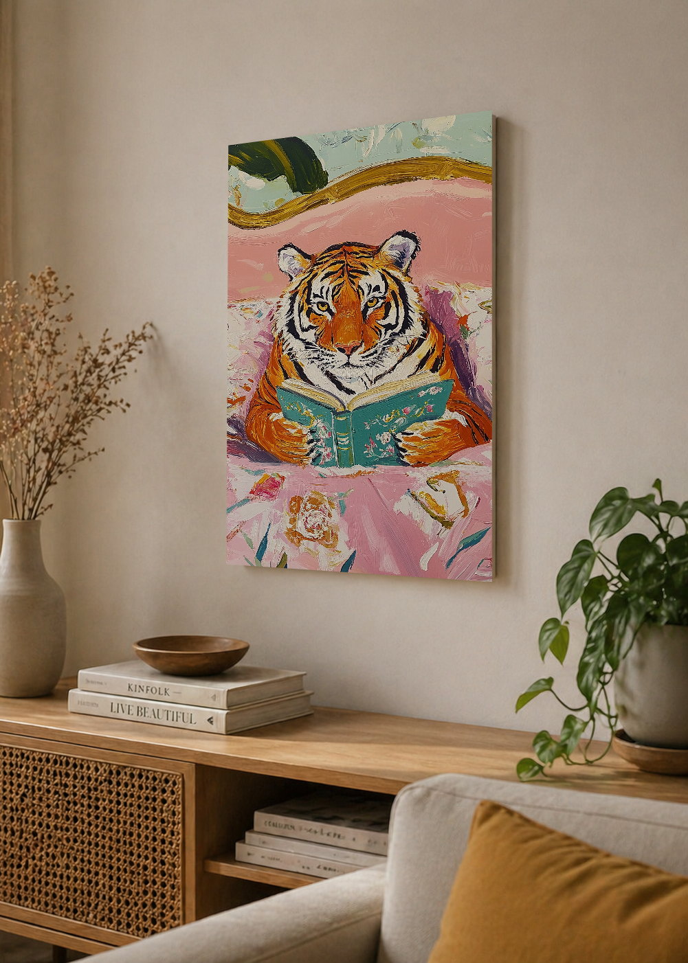 Cuadro Decorativo Mural Sin Marco 5mm - Trendy, Tigre Leyendo Cama Floral