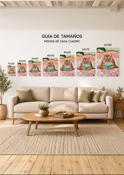Cuadro Decorativo Mural Sin Marco 5mm - Trendy, Tigre Leyendo Cama Floral