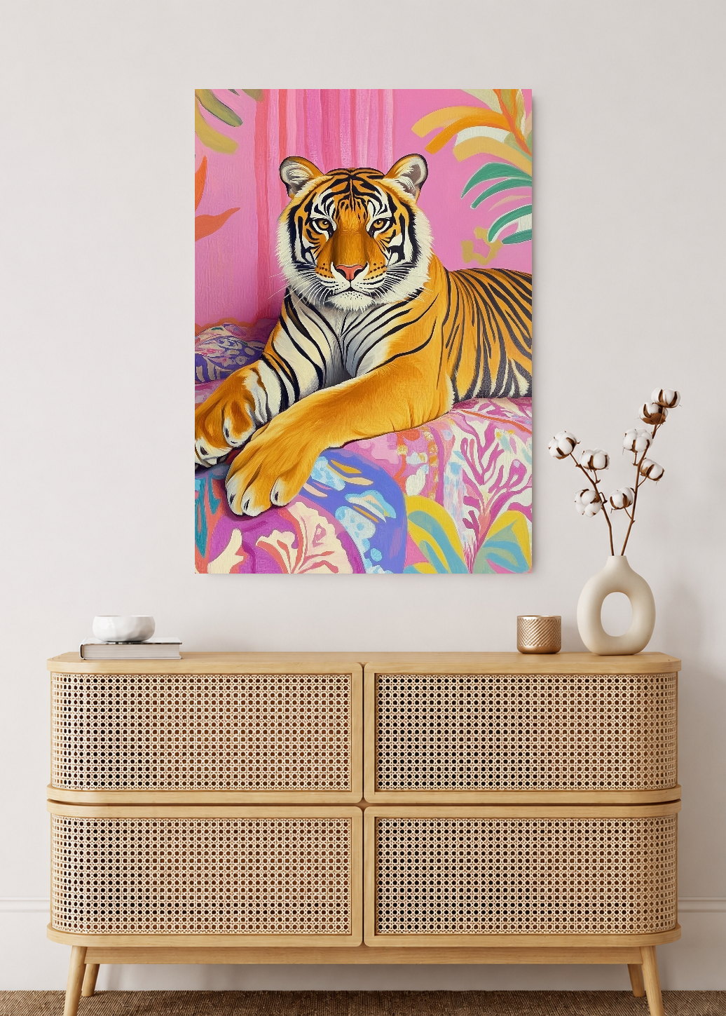 Cuadro Decorativo Mural Sin Marco 5mm - Trendy, Tigre Rosa Hojas Tropical