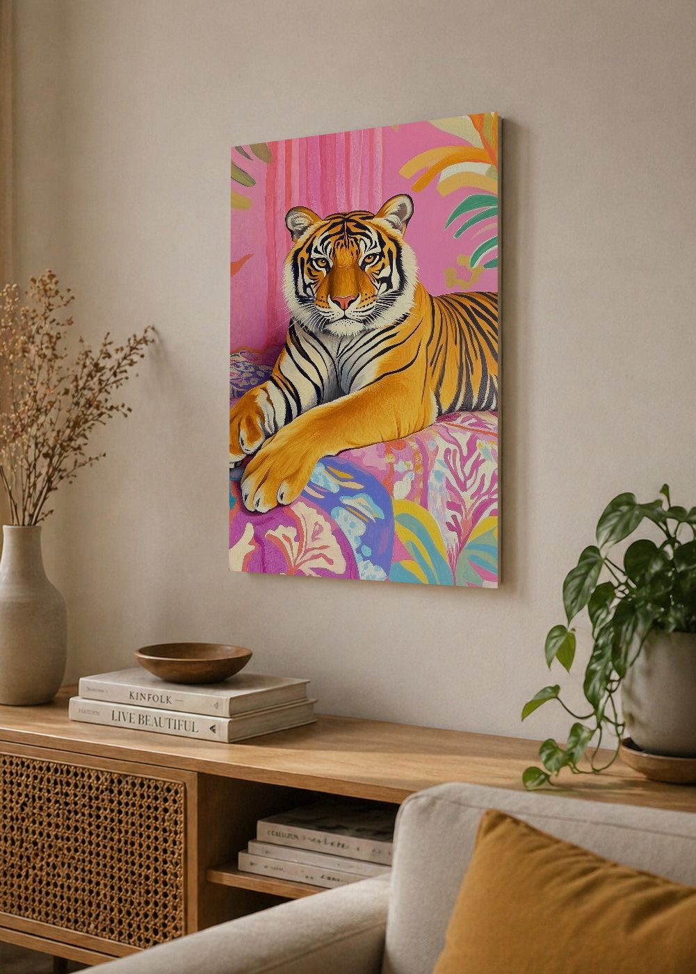 Cuadro Decorativo Mural Sin Marco 5mm - Trendy, Tigre Rosa Hojas Tropical