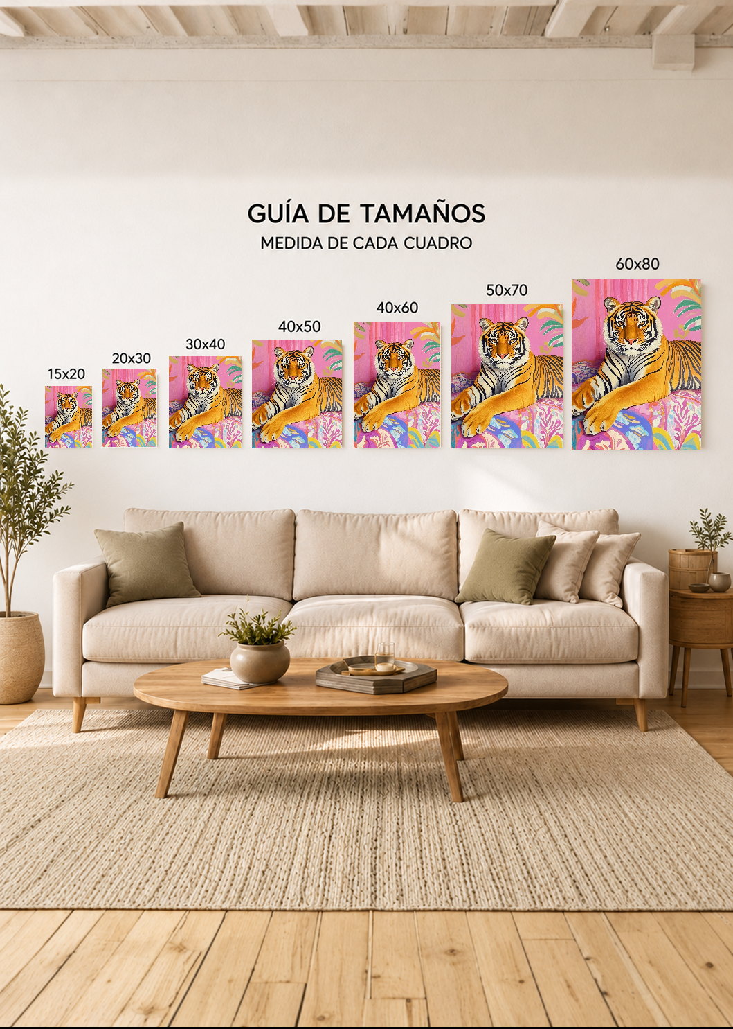 Cuadro Decorativo Mural Sin Marco 5mm - Trendy, Tigre Rosa Hojas Tropical