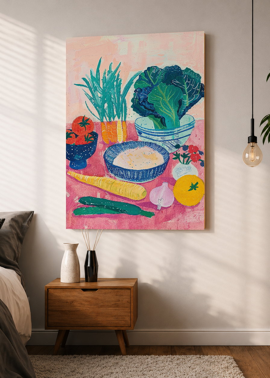 Cuadro Decorativo Mural Sin Marco 5mm - Trendy, Verduras Mesa Rosa Azul