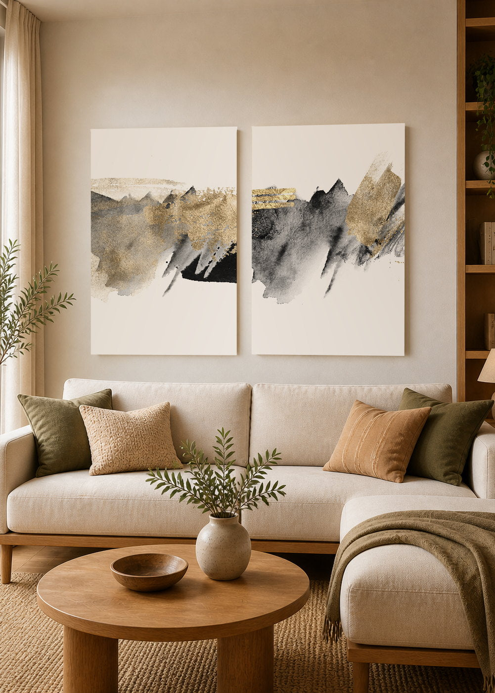 Set x2 Cuadros Decorativos Mural Sin Marco 5mm - Abstracto, Manchas , Negro y Dorado