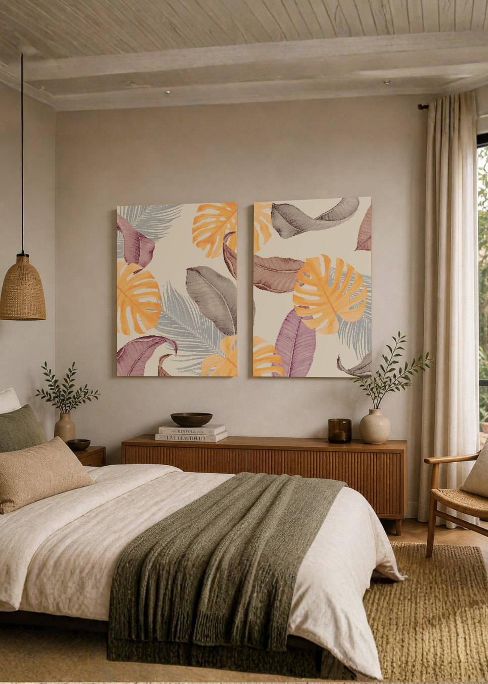 Set x2 Cuadros Decorativos Mural Sin Marco 5mm - abstractos, dorado, boho, monstera, plantas