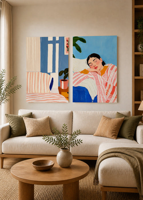 Set x2 Cuadros Decorativos Mural Sin Marco 5mm - Abstractos, Ilustraciones Modernas Mujer Dormida