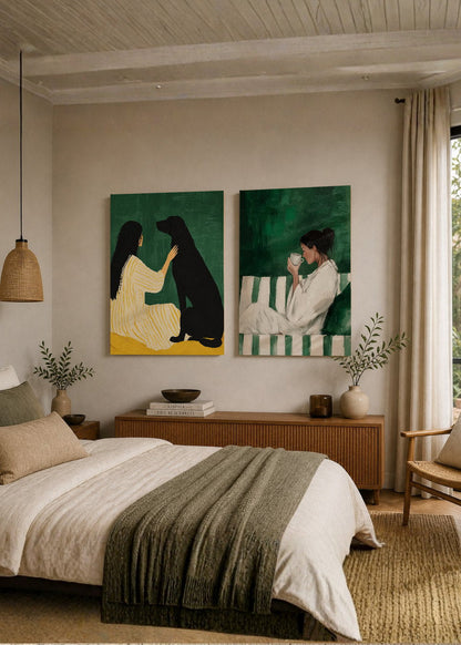 Set x2 Cuadros Decorativos Mural Sin Marco 5mm - Abstractos, Ilustraciones Modernas Mujer Perro Verde Esmeralda