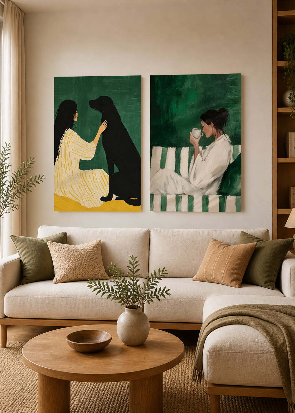 Set x2 Cuadros Decorativos Mural Sin Marco 5mm - Abstractos, Ilustraciones Modernas Mujer Perro Verde Esmeralda