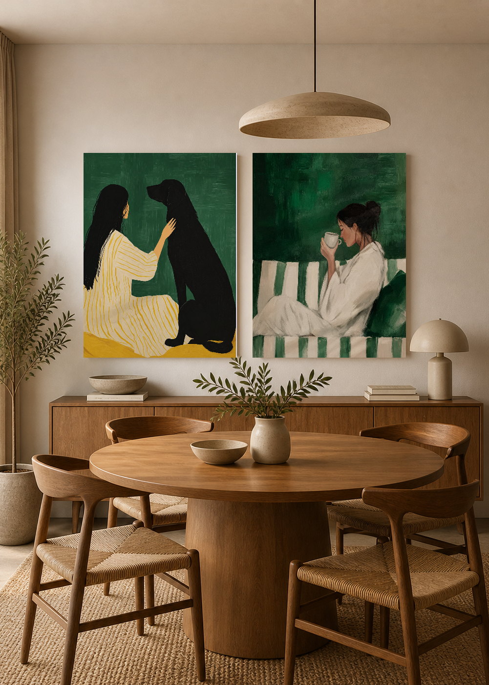 Set x2 Cuadros Decorativos Mural Sin Marco 5mm - Abstractos, Ilustraciones Modernas Mujer Perro Verde Esmeralda