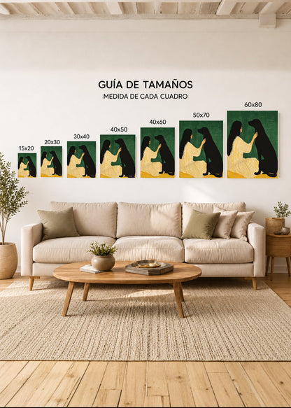 Set x2 Cuadros Decorativos Mural Sin Marco 5mm - Abstractos, Ilustraciones Modernas Mujer Perro Verde Esmeralda