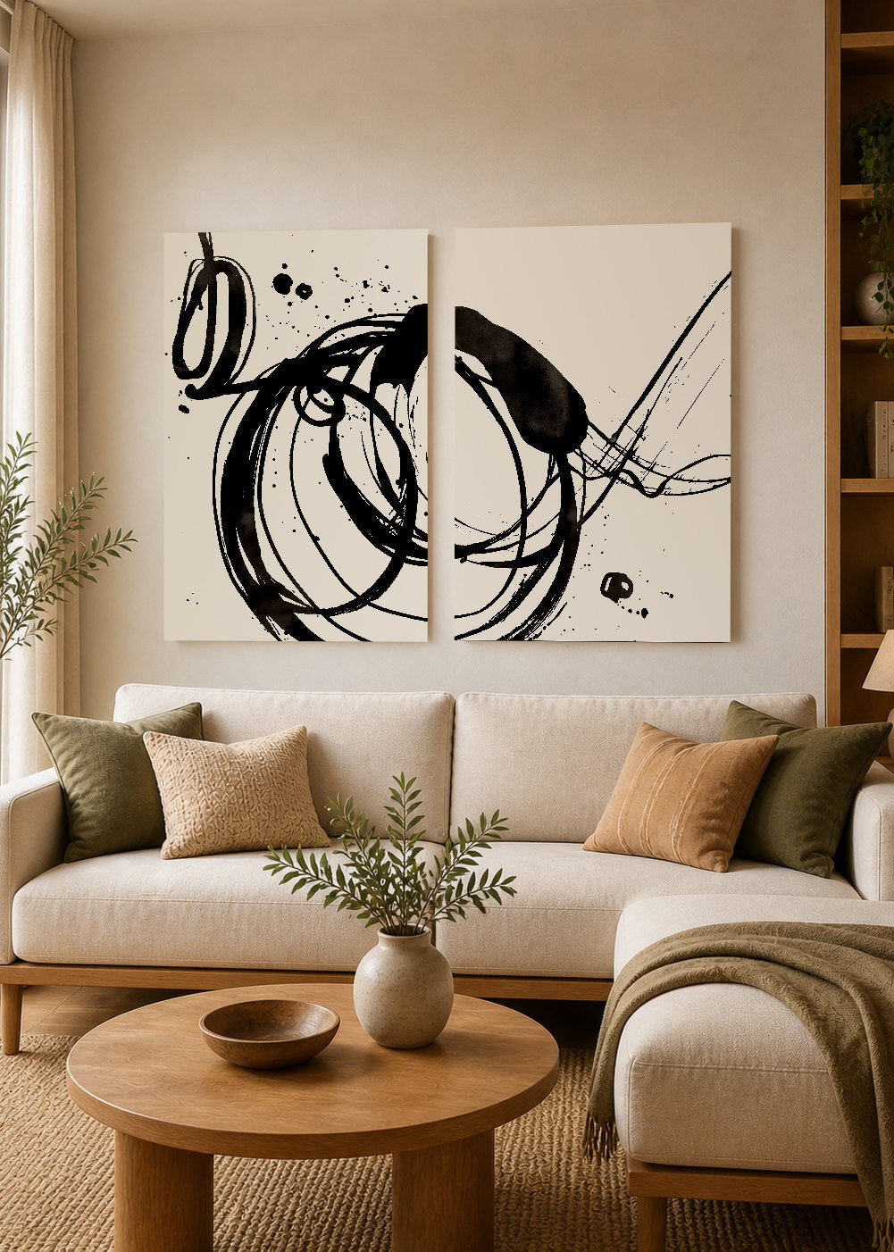 Set x2 Cuadros Decorativos Mural Sin Marco 5mm - Arte Abstracto, Black, fondo beige