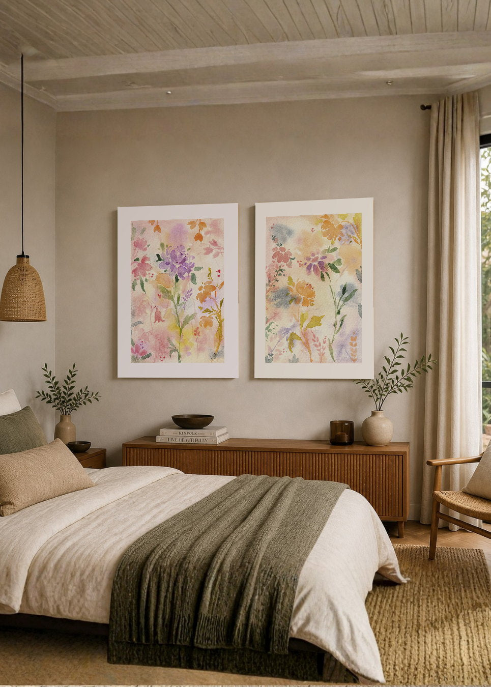 Set x2 Cuadros Decorativos Mural Sin Marco 5mm - Diseños Botánico Floral Acuarela