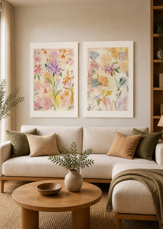 Set x2 Cuadros Decorativos Mural Sin Marco 5mm - Diseños Botánico Floral Acuarela