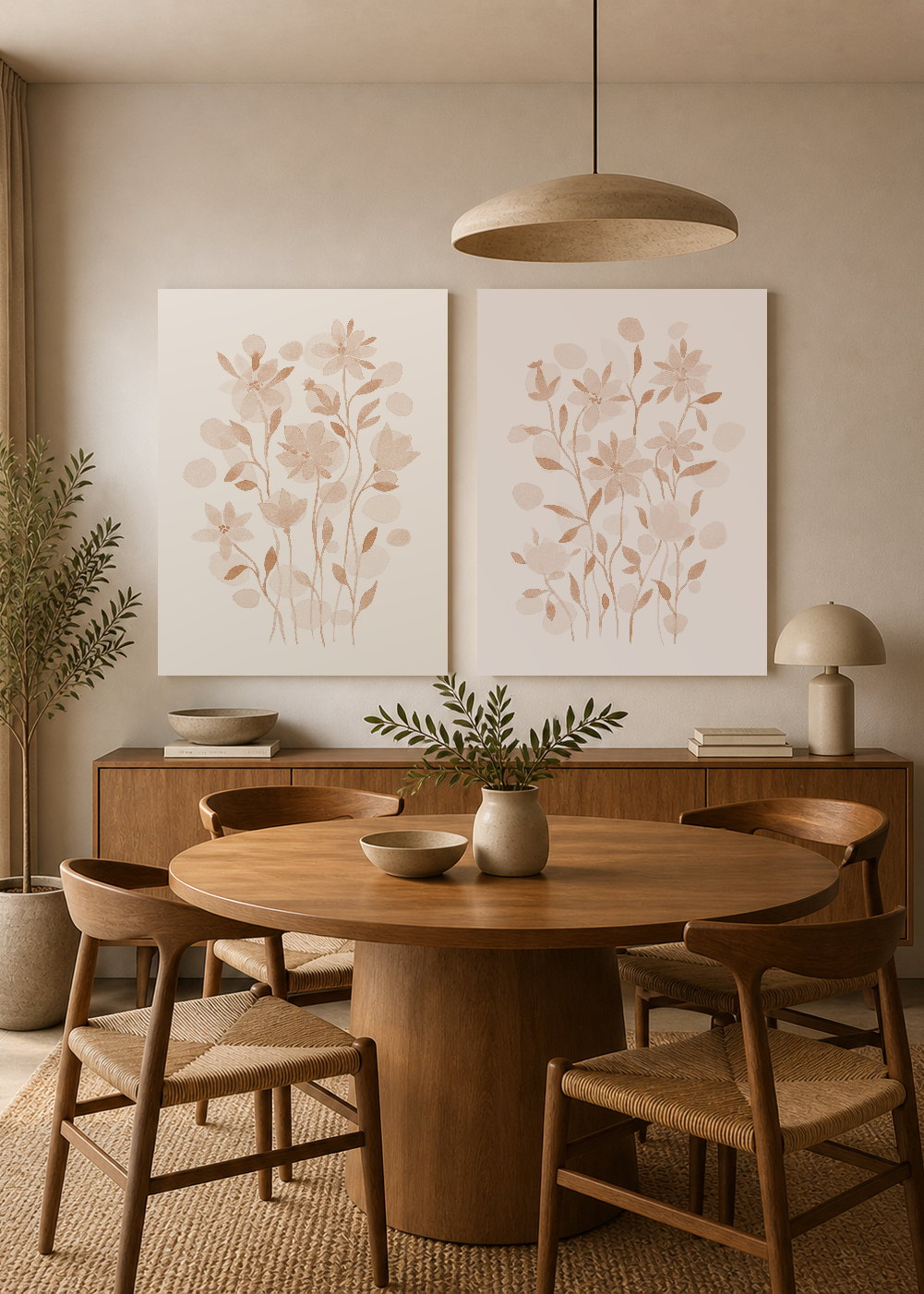Set x2 Cuadros Decorativos Mural Sin Marco 5mm - Diseños Botánico Flores Beige