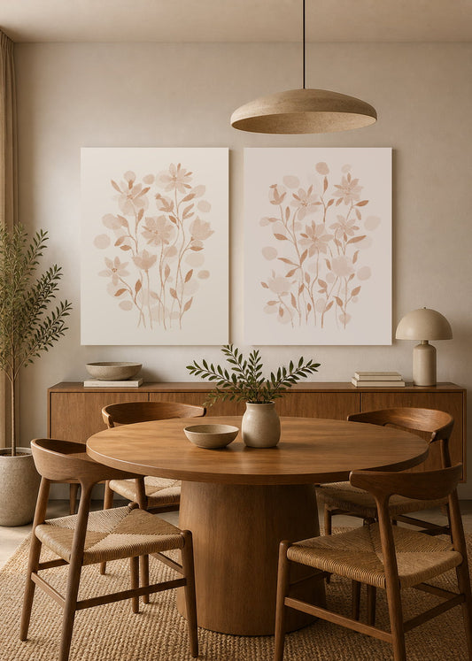 Set x2 Cuadros Decorativos Mural Sin Marco 5mm - Diseños Botánico Flores Beige