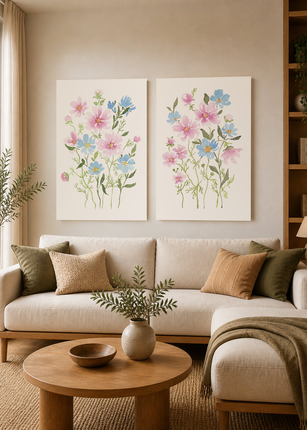 Set x2 Cuadros Decorativos Mural Sin Marco 5mm - Diseños Botánico Flores Rosa y Azul