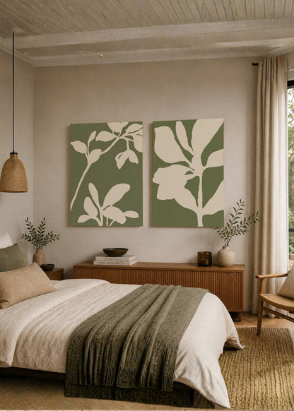 Set x2 Cuadros Decorativos Mural Sin Marco 5mm - Diseños Botánico Flores Verde Salvia