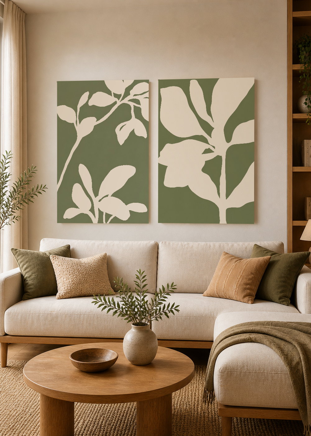 Set x2 Cuadros Decorativos Mural Sin Marco 5mm - Diseños Botánico Flores Verde Salvia