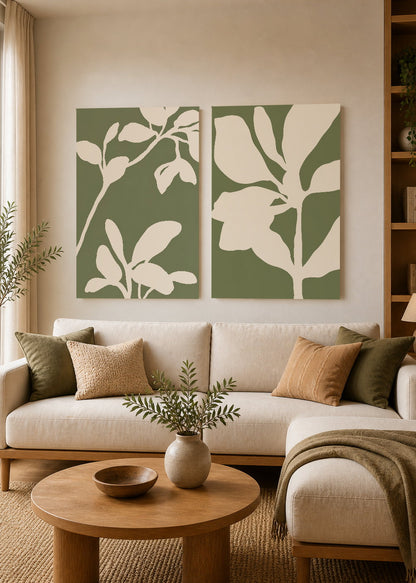 Set x2 Cuadros Decorativos Mural Sin Marco 5mm - Diseños Botánico Flores Verde Salvia