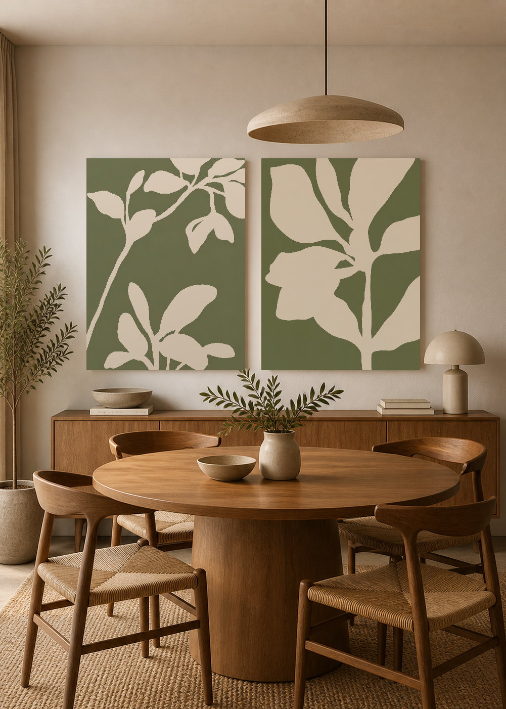 Set x2 Cuadros Decorativos Mural Sin Marco 5mm - Diseños Botánico Flores Verde Salvia