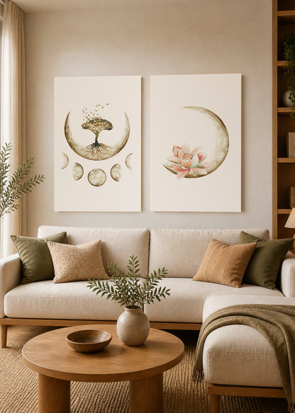 Set x2 Cuadros Decorativos Mural Sin Marco 5mm - Flor de Loto, Árbol De La Vida