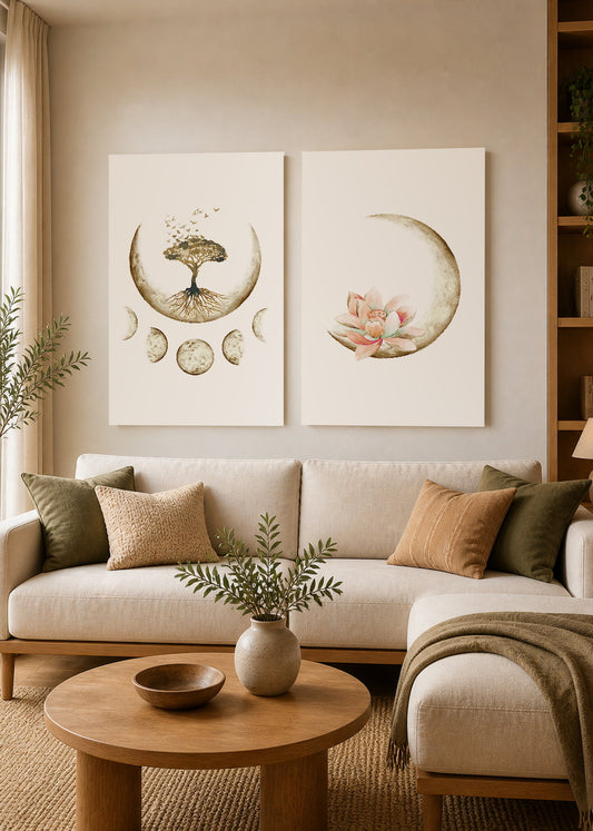 Set x2 Cuadros Decorativos Mural Sin Marco 5mm - Flor de Loto, Árbol De La Vida