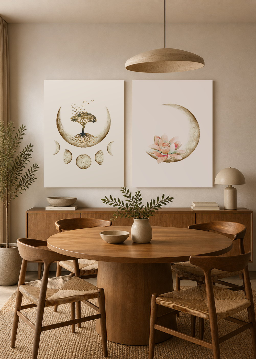 Set x2 Cuadros Decorativos Mural Sin Marco 5mm - Flor de Loto, Árbol De La Vida