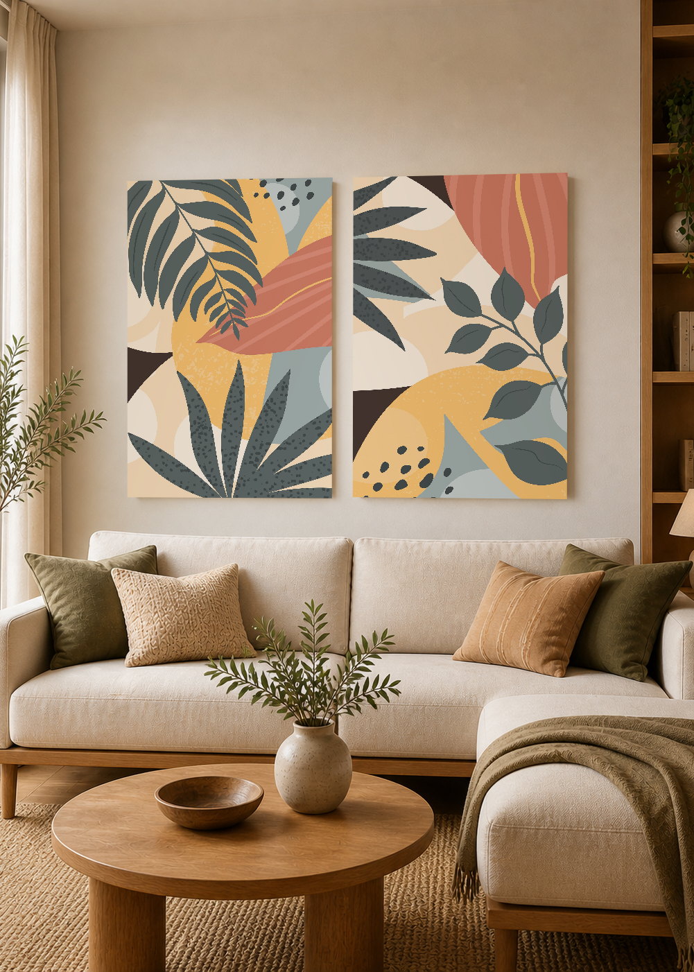 Set x2 Cuadros Decorativos Mural Sin Marco 5mm - hojas botánicos