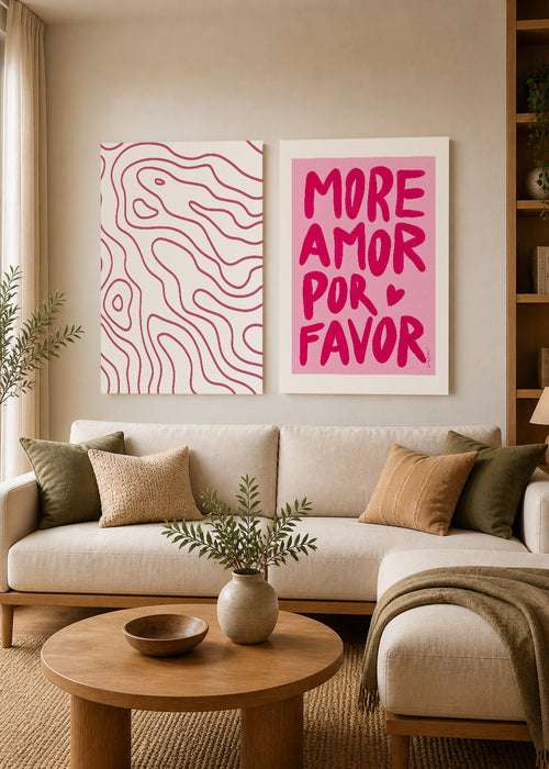 Set x2 Cuadros Decorativos Mural Sin Marco 5mm - Mais Amor Rosa Garabato Rosa